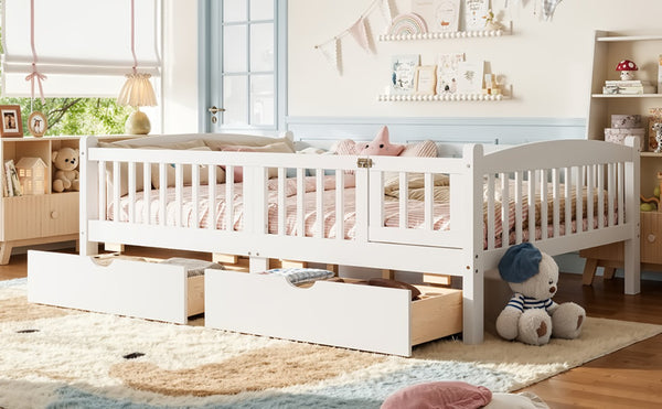 English Elm Full Kids Platform Bed with Guardrails Storage Drawers Pine Wood White Finish W1580P534503