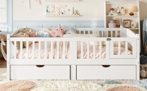 English Elm Full Kids Platform Bed with Guardrails Storage Drawers Pine Wood White Finish W1580P534503