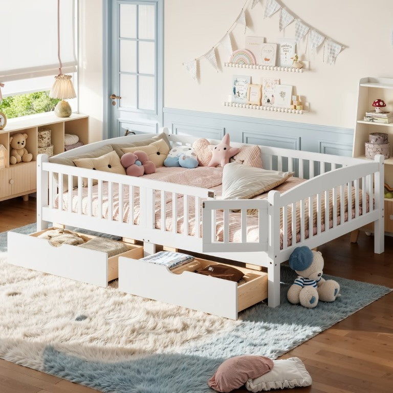 English Elm Full Kids Platform Bed with Guardrails Storage Drawers Pine Wood White Finish W1580P534503