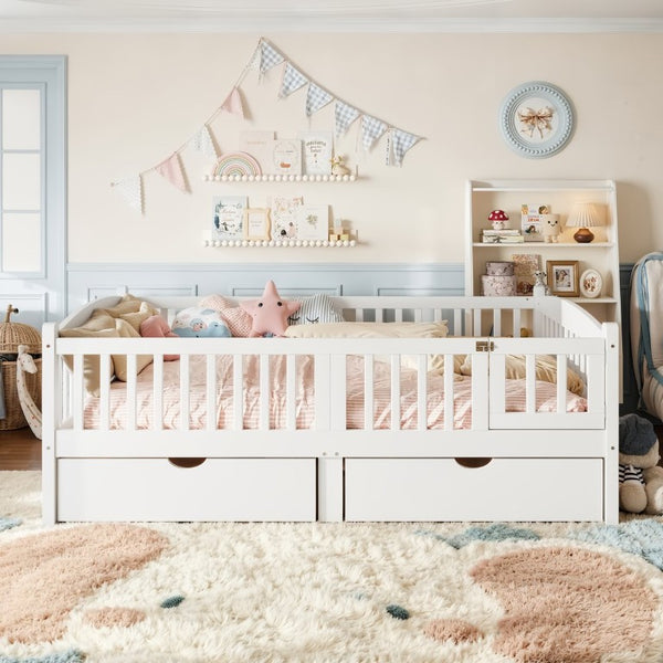 English Elm Full Kids Platform Bed with Guardrails Storage Drawers Pine Wood White Finish W1580P534503