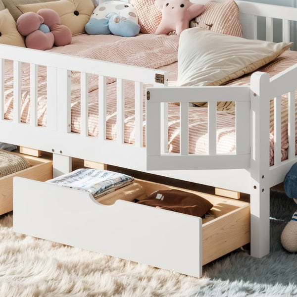 English Elm Full Kids Platform Bed with Guardrails Storage Drawers Pine Wood White Finish W1580P534503