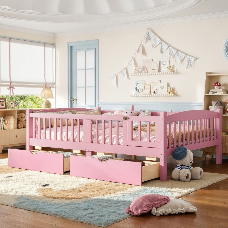 English Elm Full Platform Bed with Arch Headboard Under Bed Drawers and Guardrails for Kids W1580P534504