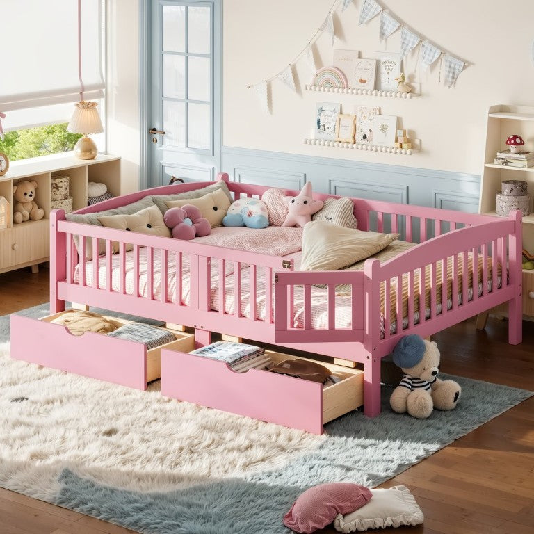 English Elm Full Platform Bed with Arch Headboard Under Bed Drawers and Guardrails for Kids W1580P534504