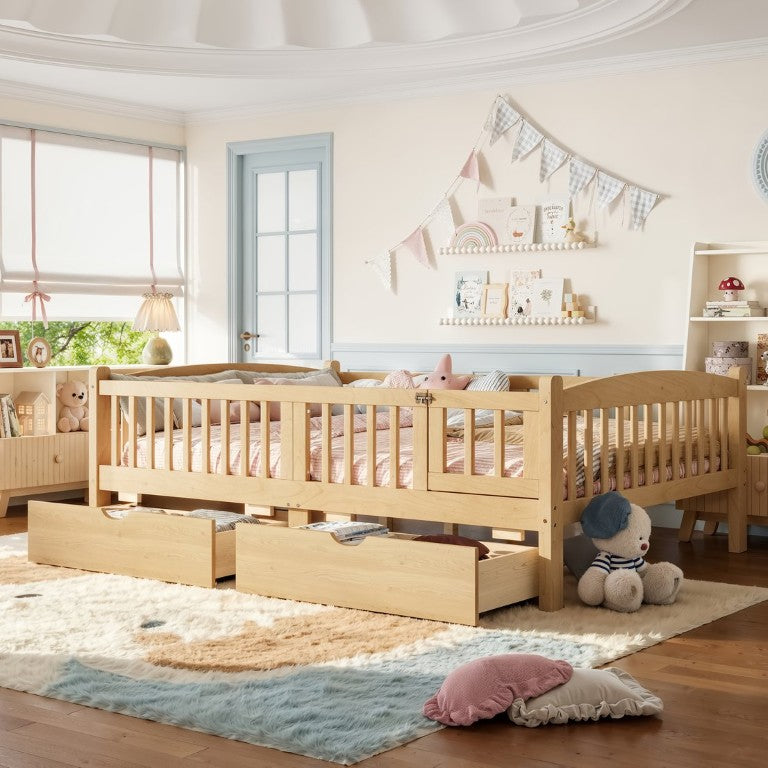 English Elm Full Kids Platform Bed Pine Wood Storage Drawers Guardrails Natural Finish W1580P534505