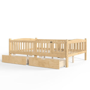 English Elm Full Kids Platform Bed Pine Wood Storage Drawers Guardrails Natural Finish W1580P534505