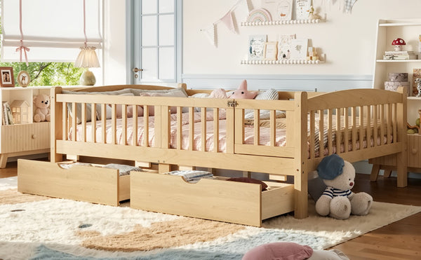 English Elm Full Kids Platform Bed Pine Wood Storage Drawers Guardrails Natural Finish W1580P534505