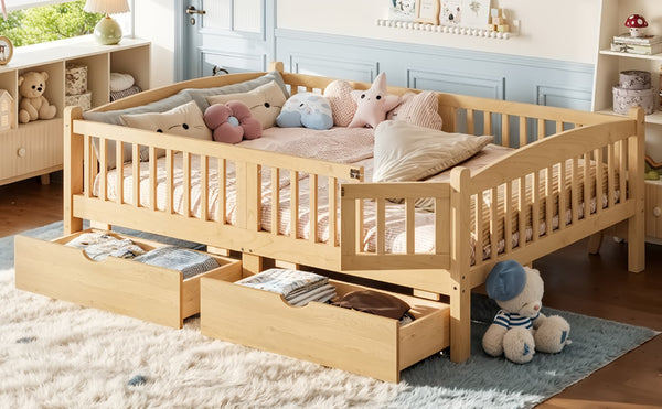 English Elm Full Kids Platform Bed Pine Wood Storage Drawers Guardrails Natural Finish W1580P534505