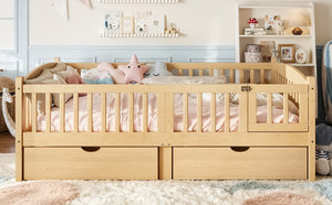 English Elm Full Kids Platform Bed Pine Wood Storage Drawers Guardrails Natural Finish W1580P534505