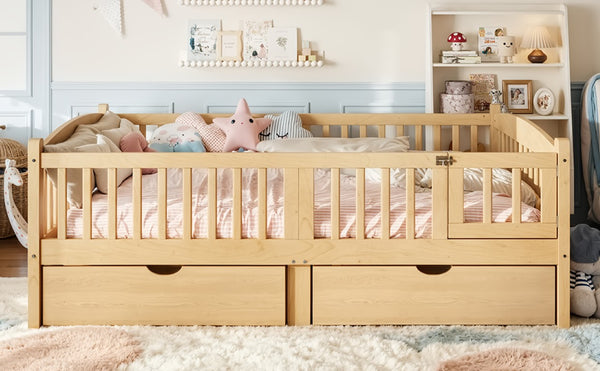 English Elm Full Kids Platform Bed Pine Wood Storage Drawers Guardrails Natural Finish W1580P534505