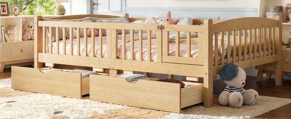 English Elm Full Kids Platform Bed Pine Wood Storage Drawers Guardrails Natural Finish W1580P534505