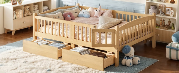 English Elm Full Kids Platform Bed Pine Wood Storage Drawers Guardrails Natural Finish W1580P534505