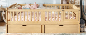 English Elm Full Kids Platform Bed Pine Wood Storage Drawers Guardrails Natural Finish W1580P534505