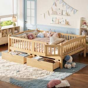 English Elm Full Kids Platform Bed Pine Wood Storage Drawers Guardrails Natural Finish W1580P534505
