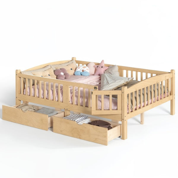 English Elm Full Kids Platform Bed Pine Wood Storage Drawers Guardrails Natural Finish W1580P534505
