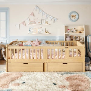 English Elm Full Kids Platform Bed Pine Wood Storage Drawers Guardrails Natural Finish W1580P534505