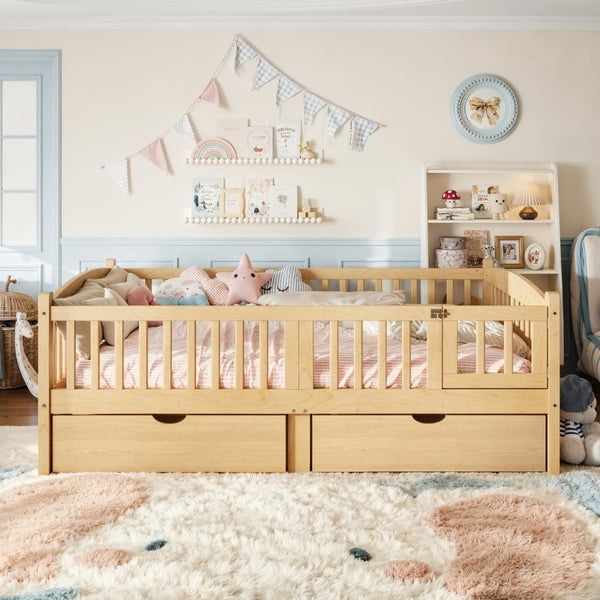 English Elm Full Kids Platform Bed Pine Wood Storage Drawers Guardrails Natural Finish W1580P534505