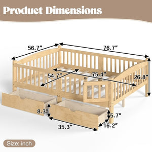 English Elm Full Kids Platform Bed Pine Wood Storage Drawers Guardrails Natural Finish W1580P534505