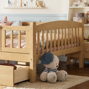 English Elm Full Kids Platform Bed Pine Wood Storage Drawers Guardrails Natural Finish W1580P534505