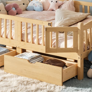 English Elm Full Kids Platform Bed Pine Wood Storage Drawers Guardrails Natural Finish W1580P534505