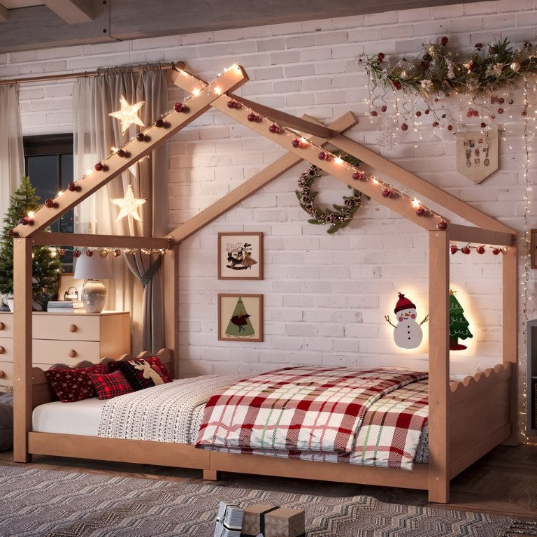 English Elm Full Size Montessori House Bed Low Pine Wood Frame for Kids Imaginative Play Natural 78.2 L x 56.1 W x 62.5 H W1580P535184
