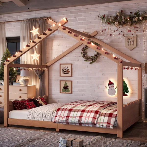 English Elm Full Size Montessori House Bed Low Pine Wood Frame for Kids Imaginative Play Natural 78.2 L x 56.1 W x 62.5 H W1580P535184