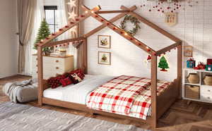 English Elm Full Size Montessori House Bed Low Pine Wood Frame for Kids Imaginative Play Natural 78.2 L x 56.1 W x 62.5 H W1580P535184