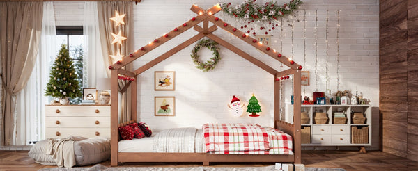 English Elm Full Size Montessori House Bed Low Pine Wood Frame for Kids Imaginative Play Natural 78.2 L x 56.1 W x 62.5 H W1580P535184