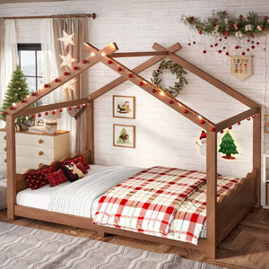 English Elm Full Size Montessori House Bed Low Pine Wood Frame for Kids Imaginative Play Natural 78.2 L x 56.1 W x 62.5 H W1580P535184
