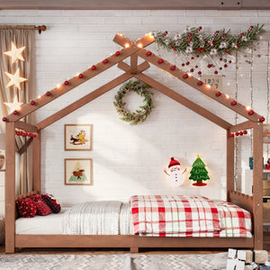 English Elm Full Size Montessori House Bed Low Pine Wood Frame for Kids Imaginative Play Natural 78.2 L x 56.1 W x 62.5 H W1580P535184
