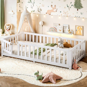 English Elm Twin Floor Bed for Kids with Pine Frame Guardrails and Swing Door Play Space White W1580P554750