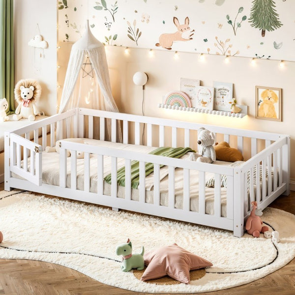 English Elm Twin Floor Bed for Kids with Pine Frame Guardrails and Swing Door Play Space White W1580P554750