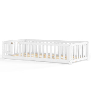 English Elm Twin Floor Bed for Kids with Pine Frame Guardrails and Swing Door Play Space White W1580P554750