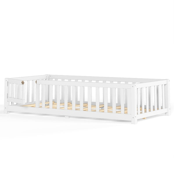 English Elm Twin Floor Bed for Kids with Pine Frame Guardrails and Swing Door Play Space White W1580P554750