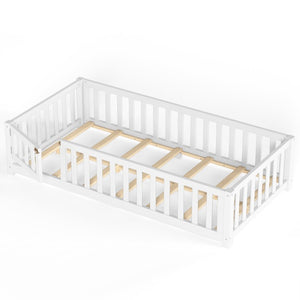 English Elm Twin Floor Bed for Kids with Pine Frame Guardrails and Swing Door Play Space White W1580P554750