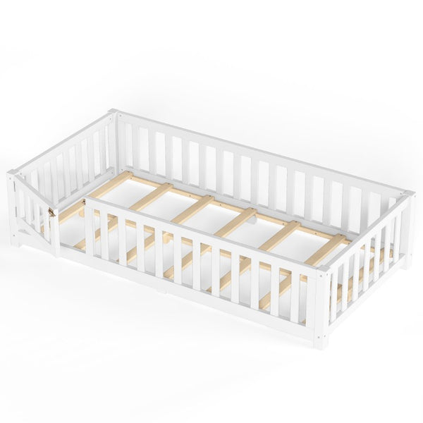 English Elm Twin Floor Bed for Kids with Pine Frame Guardrails and Swing Door Play Space White W1580P554750