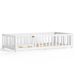 English Elm Twin Floor Bed for Kids with Pine Frame Guardrails and Swing Door Play Space White W1580P554750