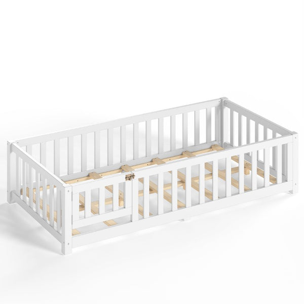 English Elm Twin Floor Bed for Kids with Pine Frame Guardrails and Swing Door Play Space White W1580P554750
