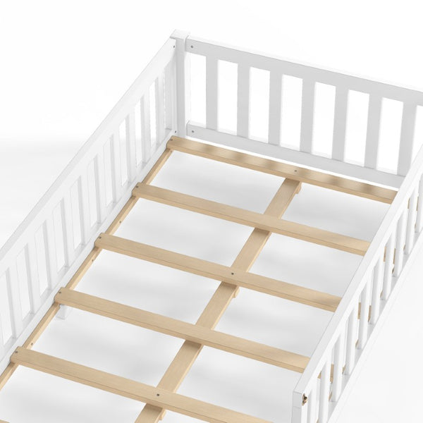 English Elm Twin Floor Bed for Kids with Pine Frame Guardrails and Swing Door Play Space White W1580P554750
