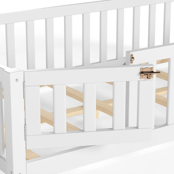 English Elm Twin Floor Bed for Kids with Pine Frame Guardrails and Swing Door Play Space White W1580P554750