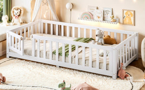 English Elm Twin Floor Bed for Kids with Pine Frame Guardrails and Swing Door Play Space White W1580P554750