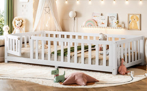 English Elm Twin Floor Bed for Kids with Pine Frame Guardrails and Swing Door Play Space White W1580P554750