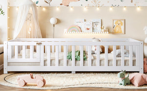 English Elm Twin Floor Bed for Kids with Pine Frame Guardrails and Swing Door Play Space White W1580P554750