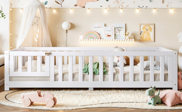 English Elm Twin Floor Bed for Kids with Pine Frame Guardrails and Swing Door Play Space White W1580P554750