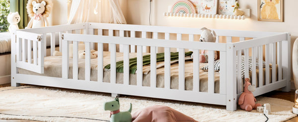 English Elm Twin Floor Bed for Kids with Pine Frame Guardrails and Swing Door Play Space White W1580P554750