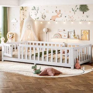 English Elm Twin Floor Bed for Kids with Pine Frame Guardrails and Swing Door Play Space White W1580P554750