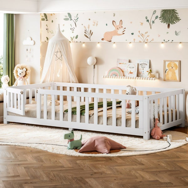 English Elm Twin Floor Bed for Kids with Pine Frame Guardrails and Swing Door Play Space White W1580P554750