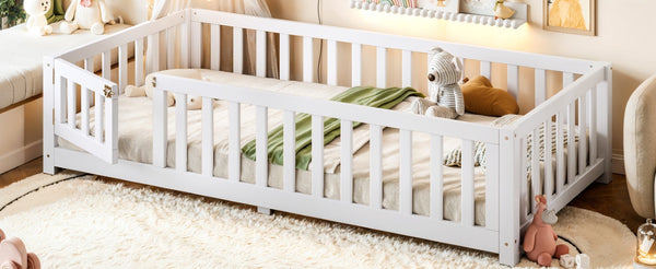 English Elm Twin Floor Bed for Kids with Pine Frame Guardrails and Swing Door Play Space White W1580P554750