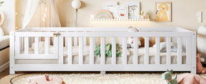 English Elm Twin Floor Bed for Kids with Pine Frame Guardrails and Swing Door Play Space White W1580P554750