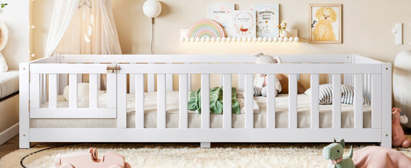 English Elm Twin Floor Bed for Kids with Pine Frame Guardrails and Swing Door Play Space White W1580P554750