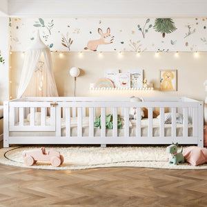 English Elm Twin Floor Bed for Kids with Pine Frame Guardrails and Swing Door Play Space White W1580P554750